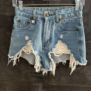 R13 Boy Slim Shredded Light Wash Shorts Size 26